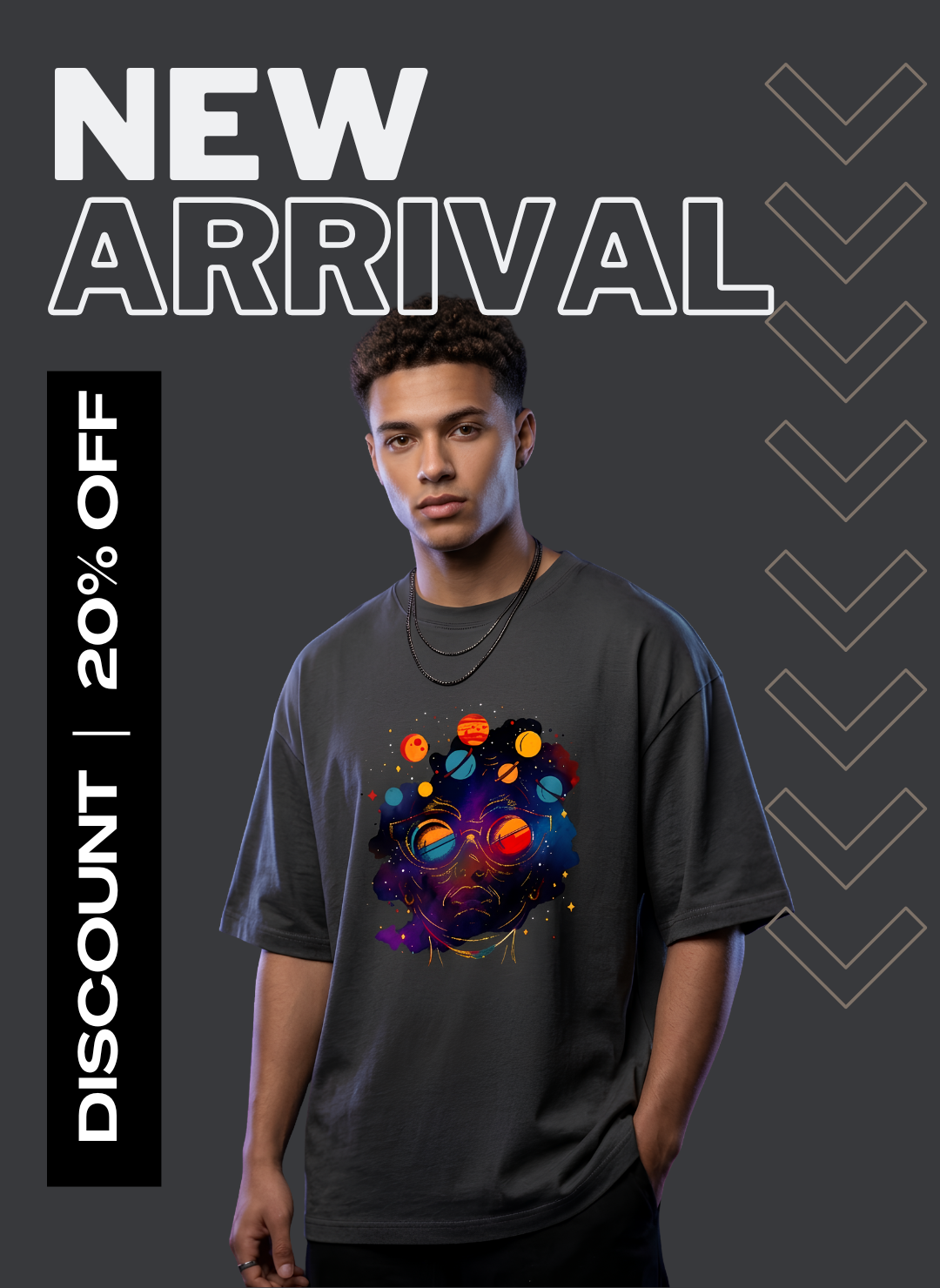 Four young men model graphic streetwear t-shirts in an urban brick alleyway at sunset for a fashion campaign banner.