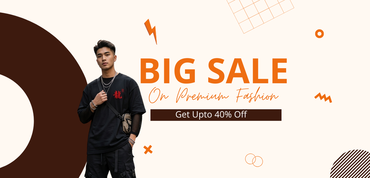 Promotional banner with a person wearing a black outfit and 'Big Sale' text on a white background.