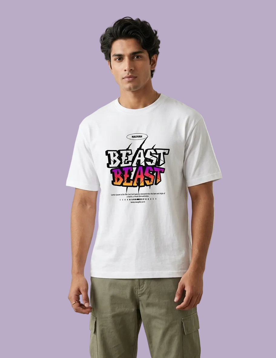 Man wearing a white t-shirt with 'BEAST BLAST' design on a plain background