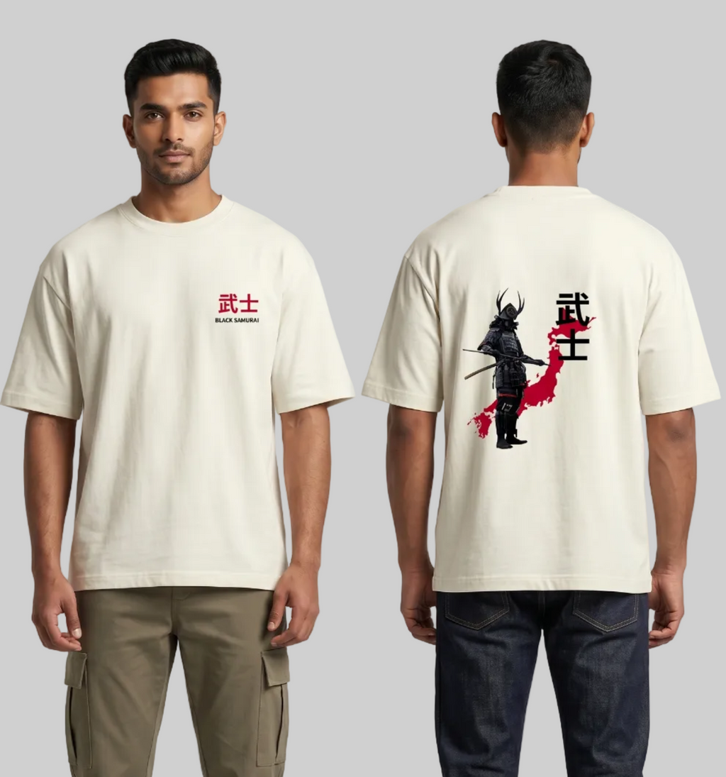 Person wearing a beige t-shirt with a design on the front and back, standing against a plain background.
