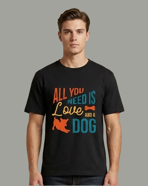 Man wearing a black t-shirt with a colorful graphic and text on a grey background