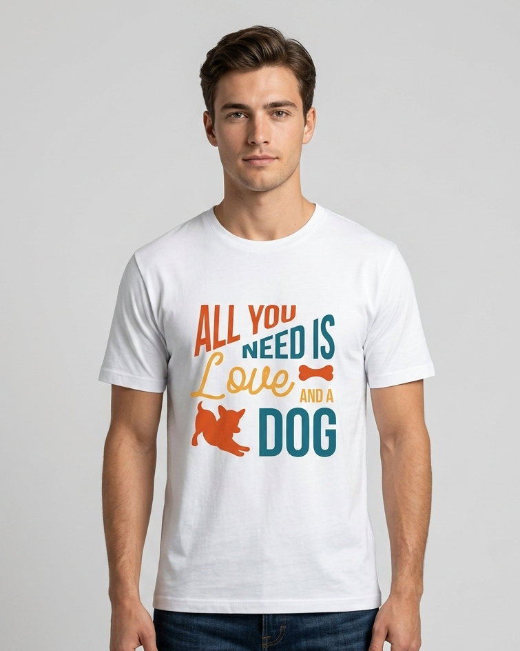 Man wearing a white t-shirt with colorful text and a dog graphic on a gray background