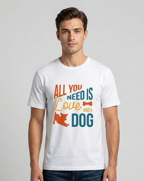 Man wearing a white t-shirt with colorful text and a dog graphic on a gray background