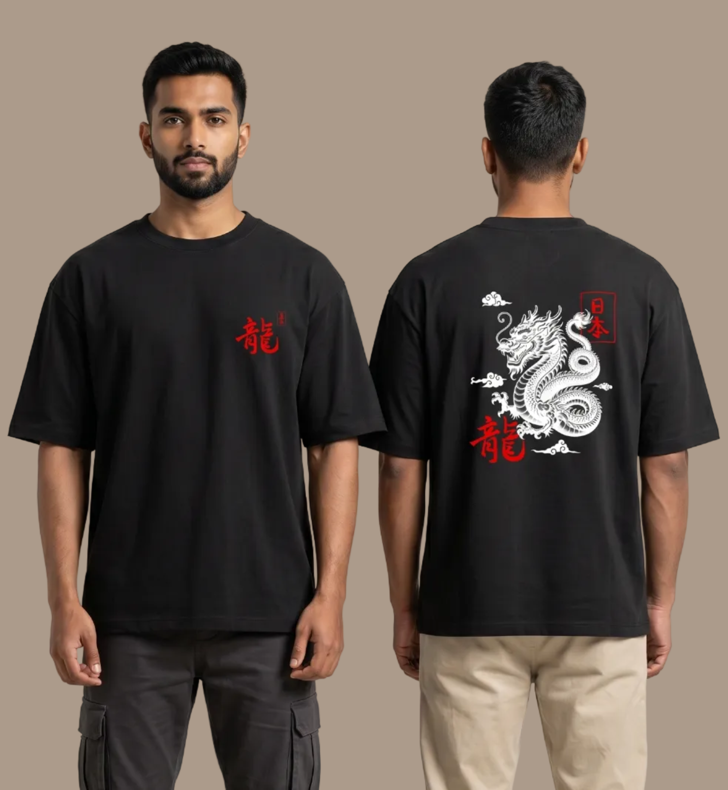 Person wearing a black t-shirt with a dragon design on the back, standing against a plain background.