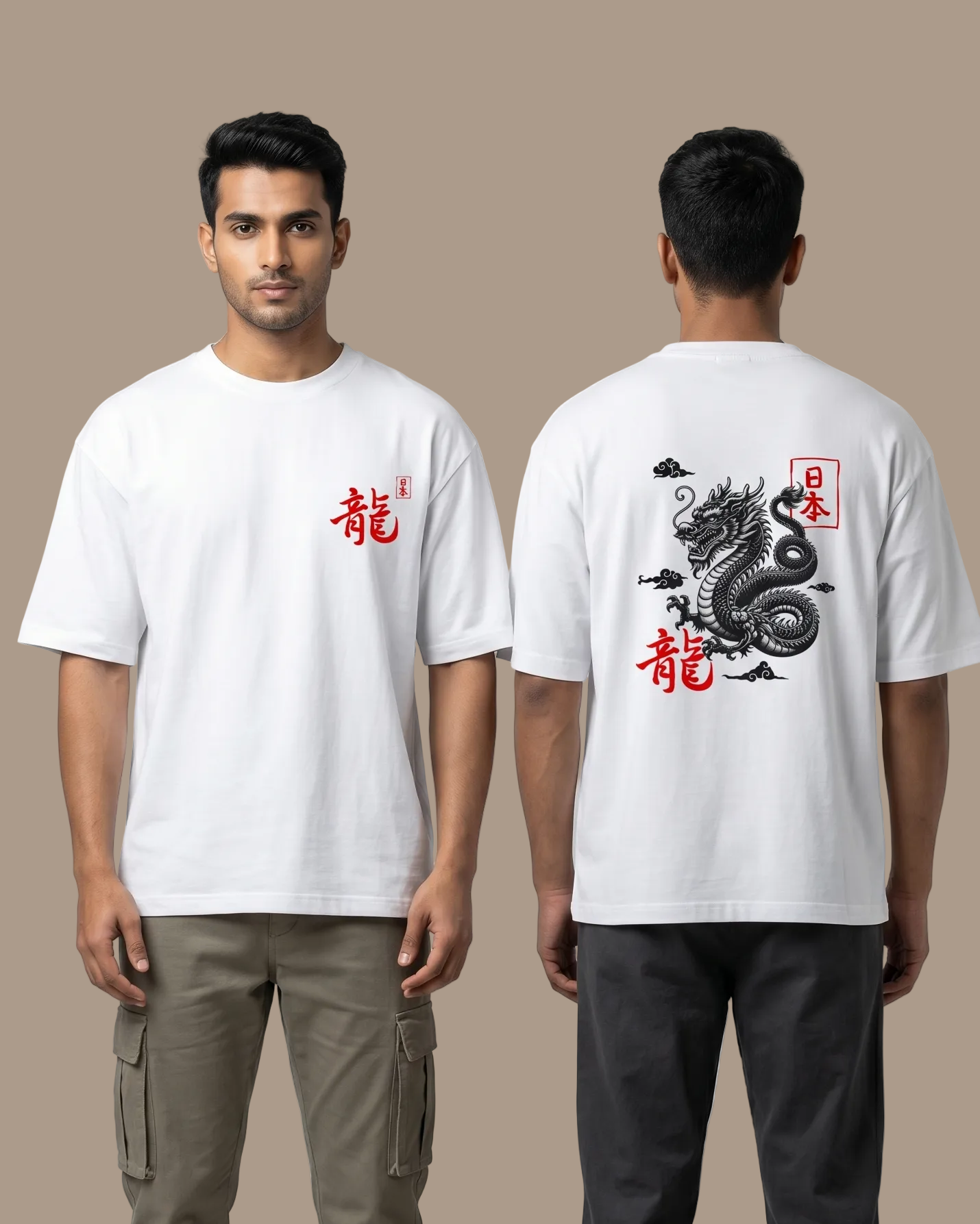 Two men wearing white t-shirts with dragon designs on a gray background