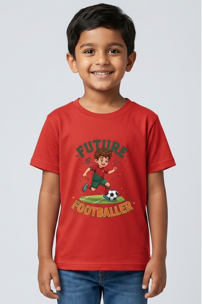 Child wearing a red t-shirt with a graphic design on a white background