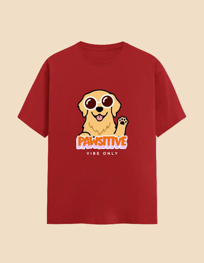 Red t-shirt with a cartoon dog and 'Pawsitive Vibe Only' text on a beige background