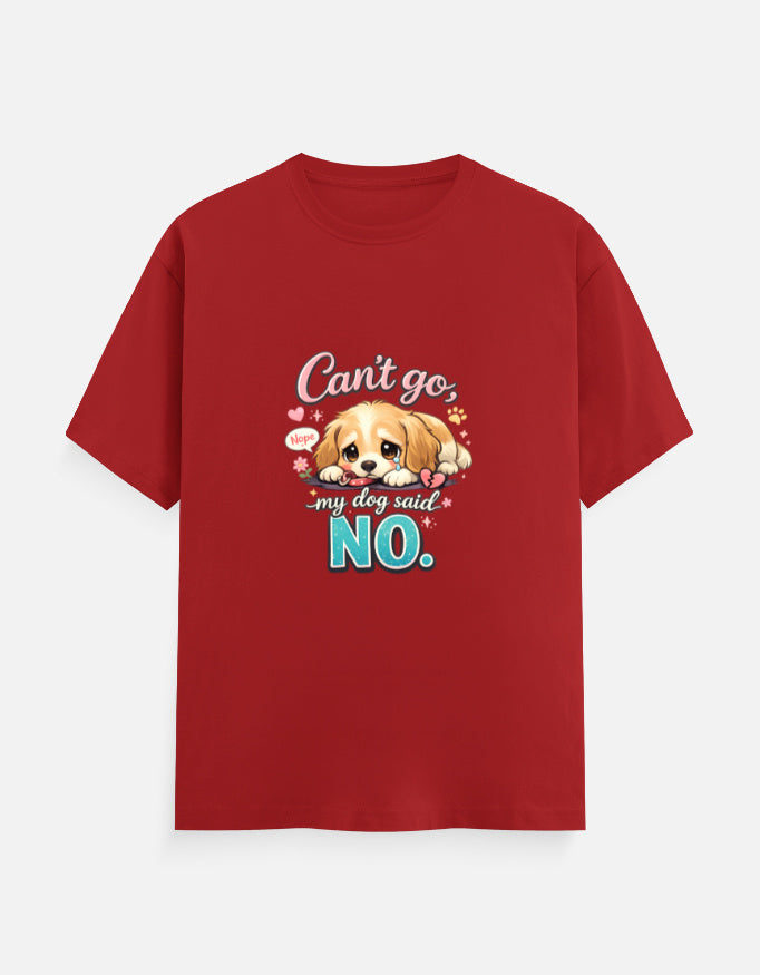 Red t-shirt with a dog graphic and text on a white background