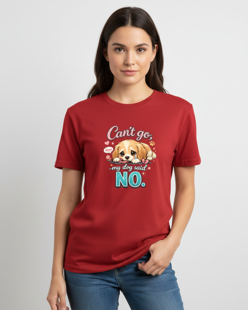 Woman wearing a red t-shirt with a dog graphic and text on a white background