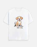 White t-shirt with a cartoon dog graphic and text on a white background