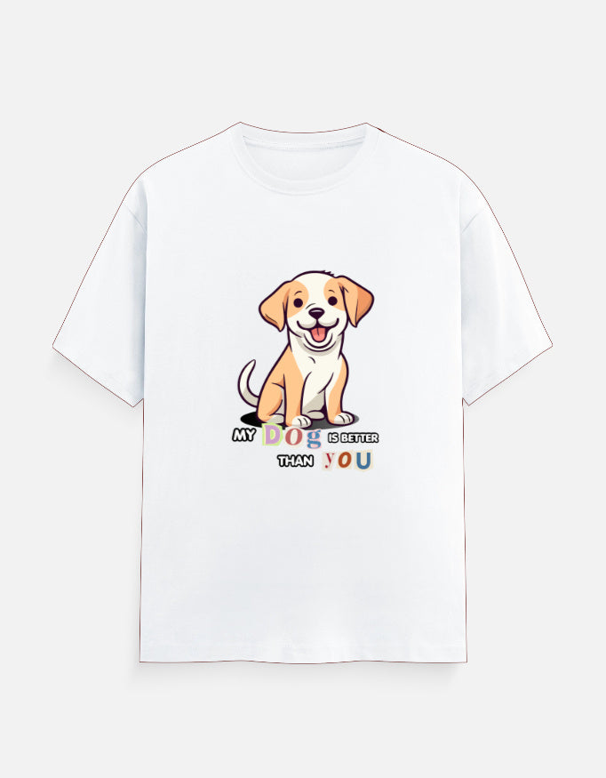 White t-shirt with a cartoon dog graphic and text on a white background