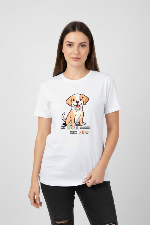Woman wearing a white t-shirt with a dog graphic and text on a plain background