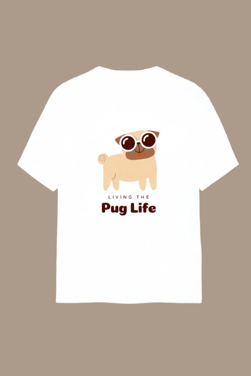 White t-shirt with a pug graphic and 'Living the Pug Life' text on a light gray background