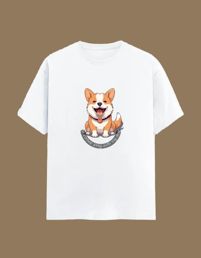 White t-shirt with a cartoon corgi design on a brown background