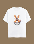 White t-shirt with a cartoon corgi design on a brown background