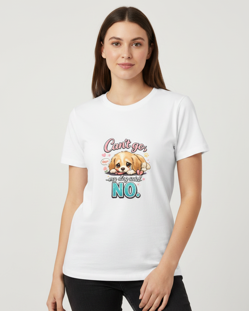 Person wearing a white t-shirt with a dog graphic and text on a plain background