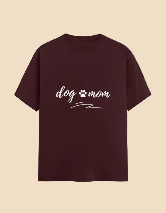 Maroon t-shirt with 'dog mom' text on a beige background