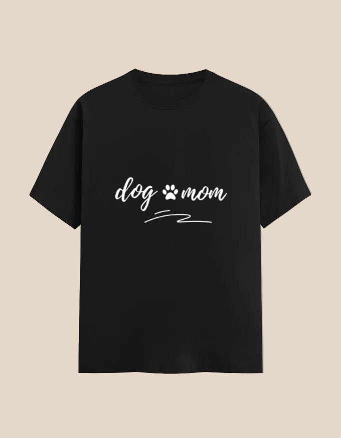 black t-shirt with text "dog mom" and a paw image with beige background