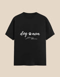 black t-shirt with text "dog mom" and a paw image with beige background