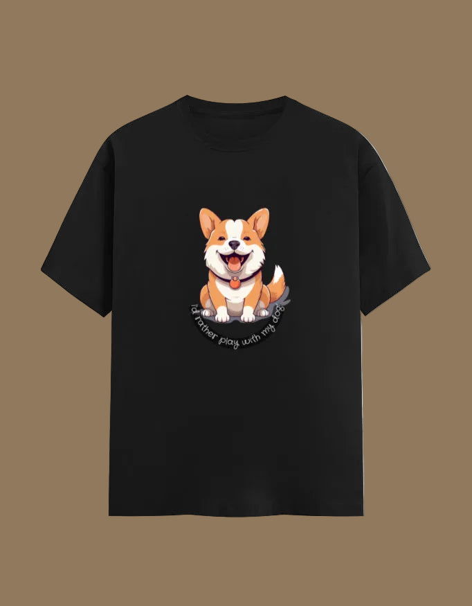 Black t-shirt with a corgi graphic on a brown background