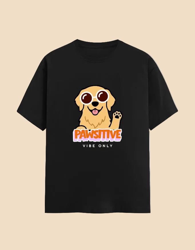 Black t-shirt with a dog graphic and 'Pawsitive Vibe Only' text on a beige background