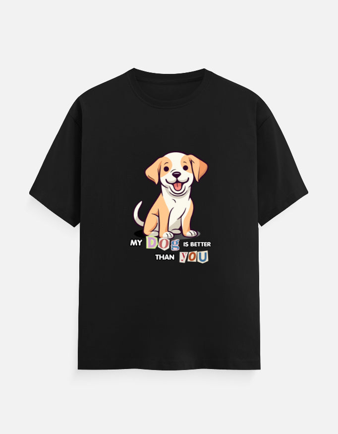 Black t-shirt with a dog graphic and text on a white background