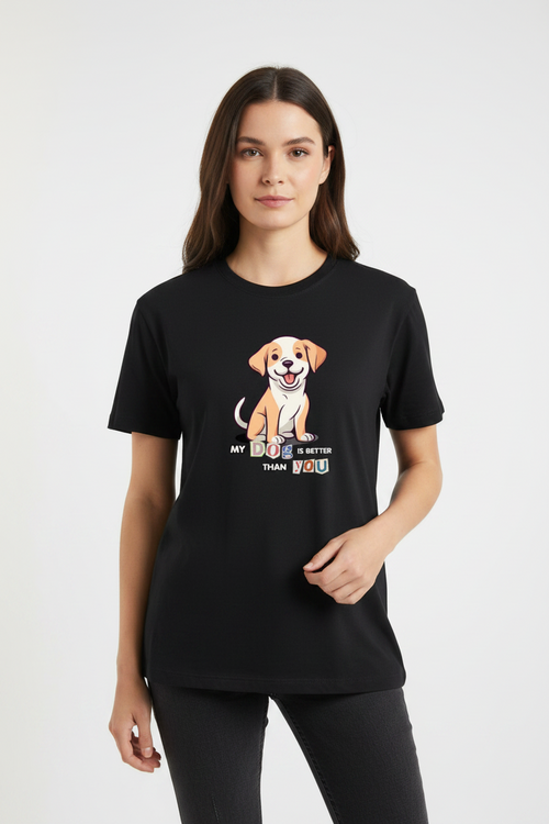 Woman wearing a black t-shirt with a dog graphic and text on a white background