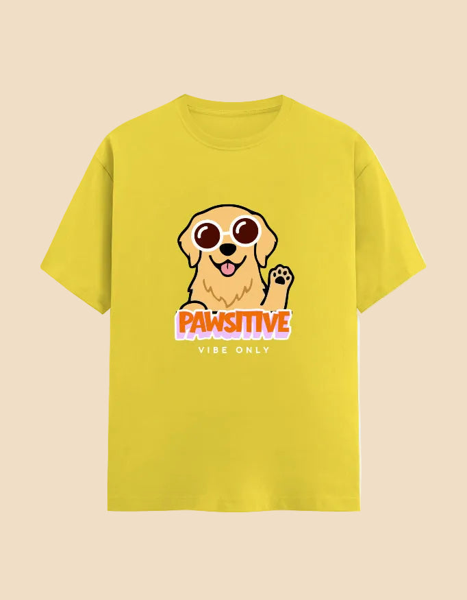 Yellow t-shirt with a dog graphic and 'Pawsitive Vibe Only' text on a beige background
