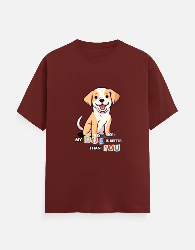 Maroon t-shirt with a cartoon dog graphic and text on a white background