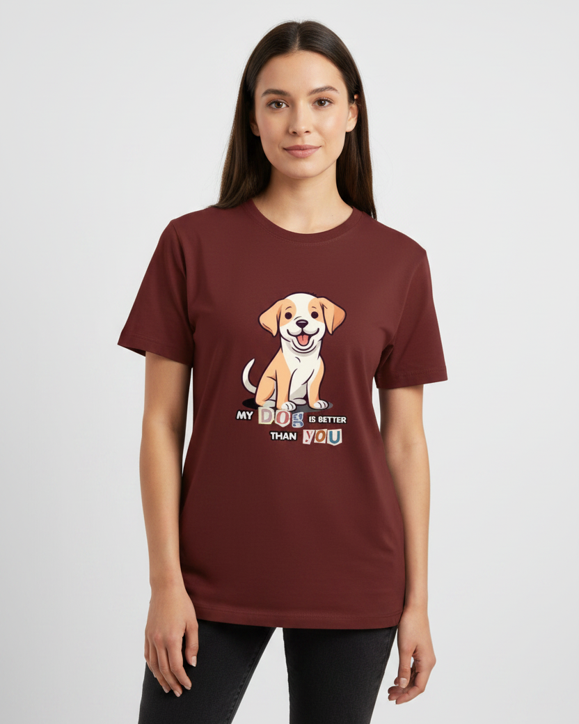 Woman wearing a copper colored t-shirt with a dog graphic and text on a plain background
