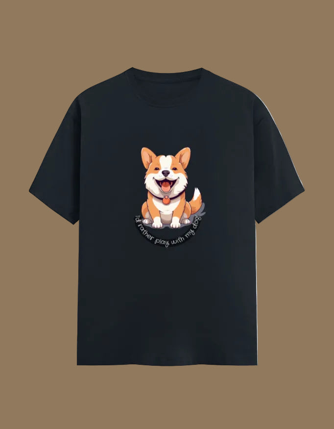 Navy Blue t-shirt with a corgi graphic on a beige background