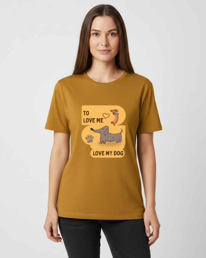 women wearing golden yellow t-shirt with a dog graphic on a white background
