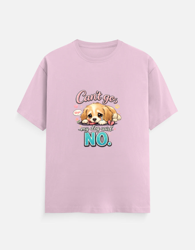Pink t-shirt with a dog graphic and text on a white background