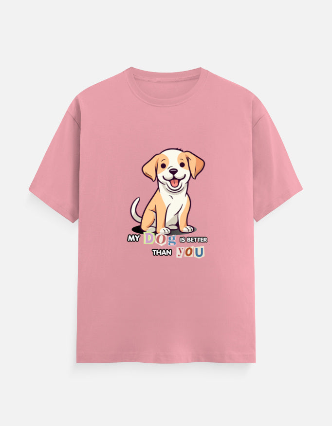 Pink t-shirt with a dog graphic and text on a white background