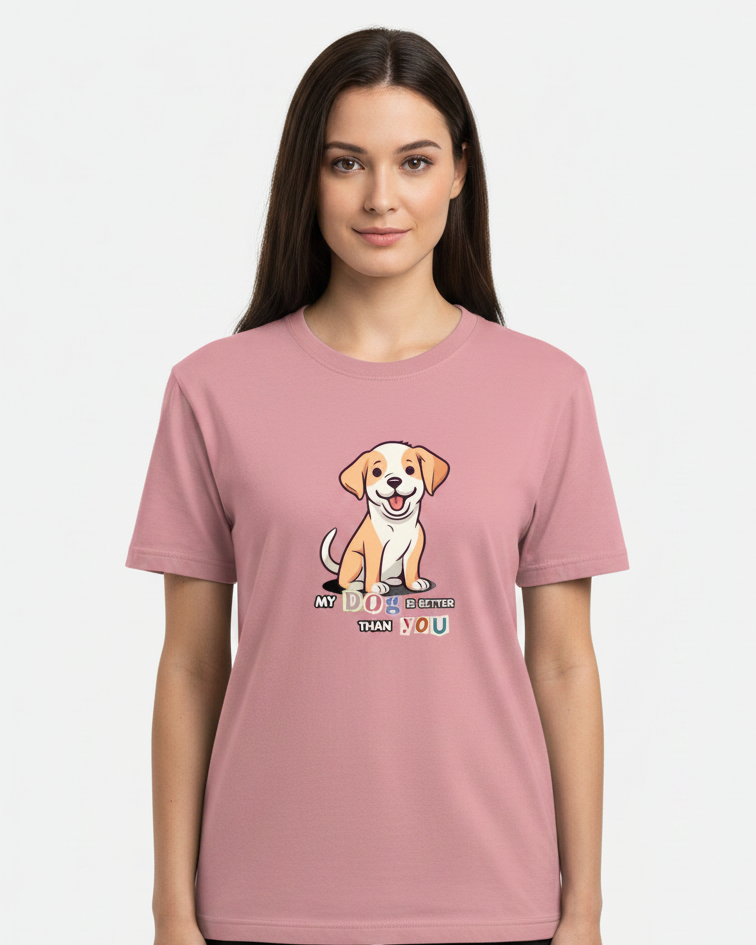 Woman wearing a pink t-shirt with a dog graphic and text on a plain background