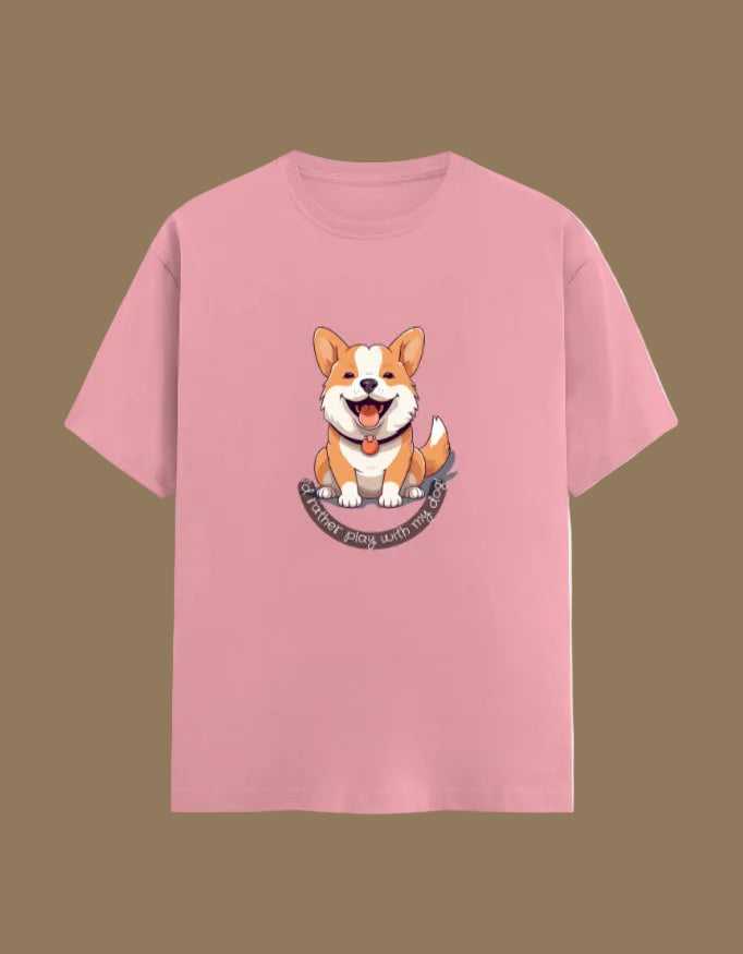 Pink t-shirt with a corgi graphic on a beige background