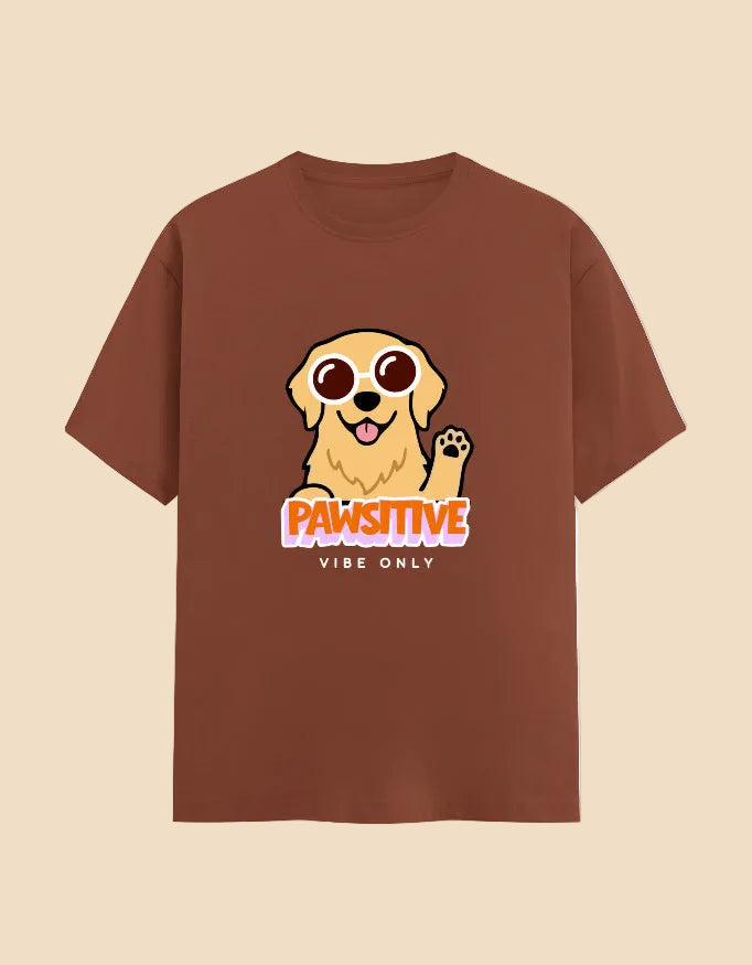 Brown t-shirt with a cartoon dog graphic and text on a beige background