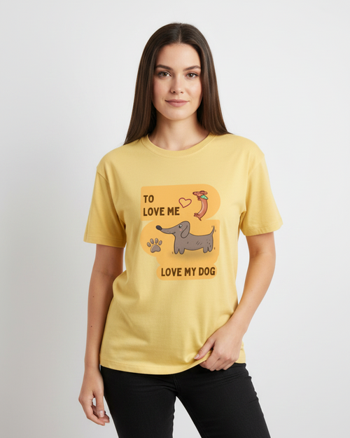 women wearing yellow t-shirt with a dog graphic on a white background