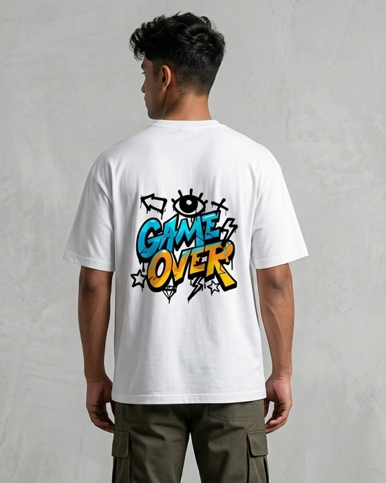 Person wearing a white t-shirt with 'Game Over' design on the back, standing against a plain background.