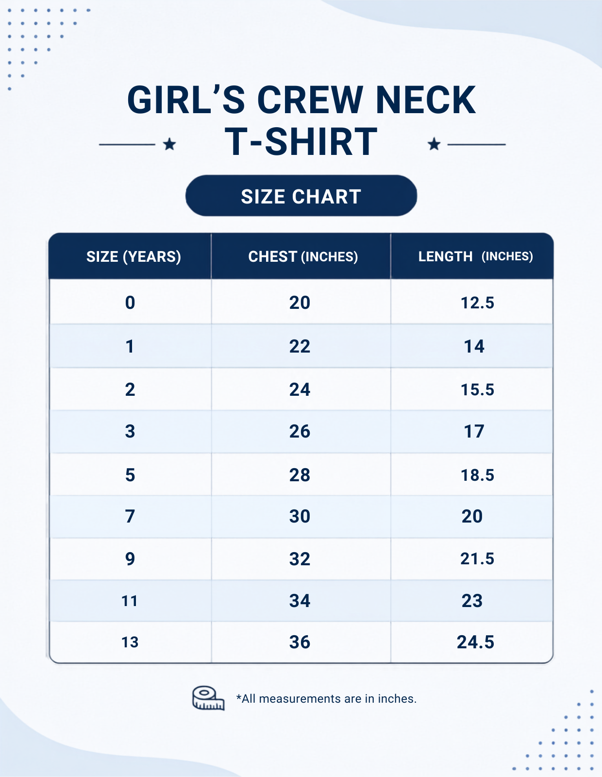 Size chart for girls' crew neck t-shirts with measurements in inches.
