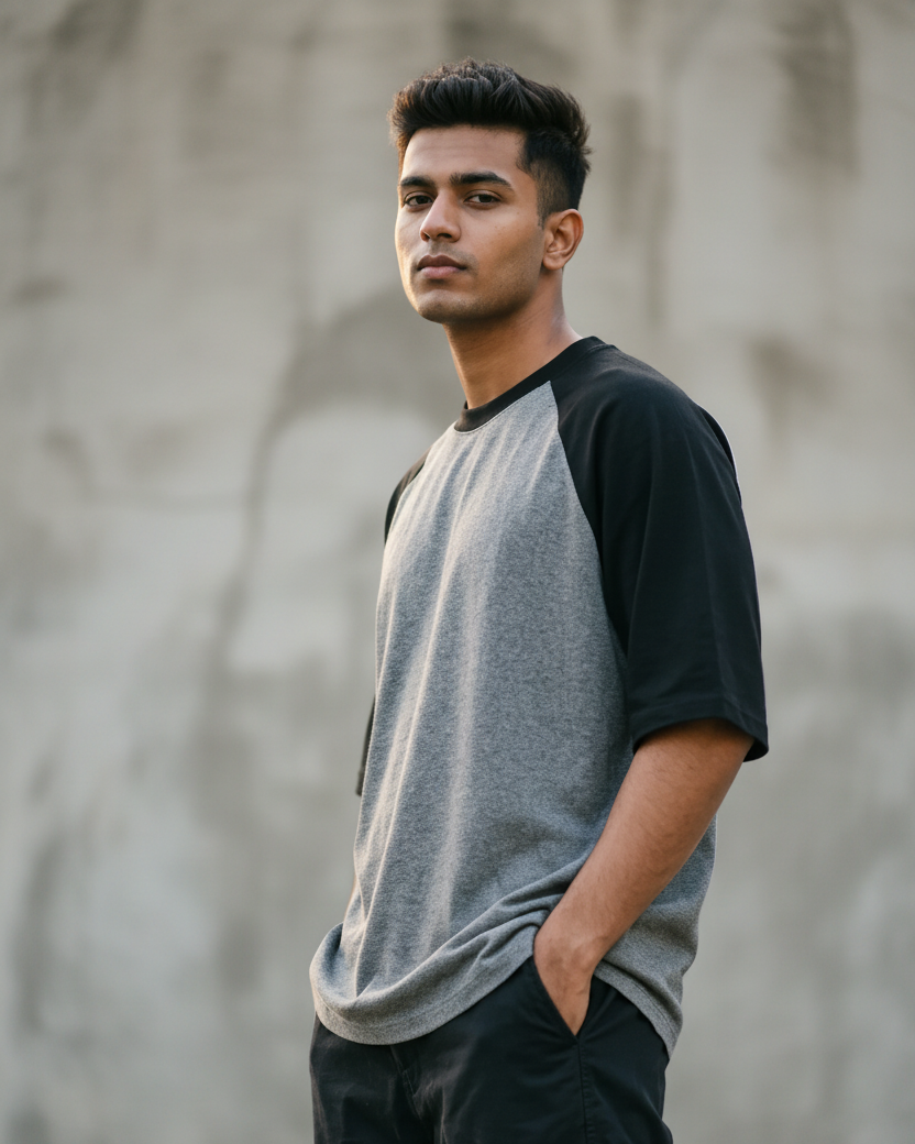 A man wearing a gray and black raglan t-shirt and dark cargo pants, standing against a textured concrete wall.