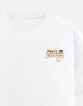 White t-shirt with a small graphic on a white background