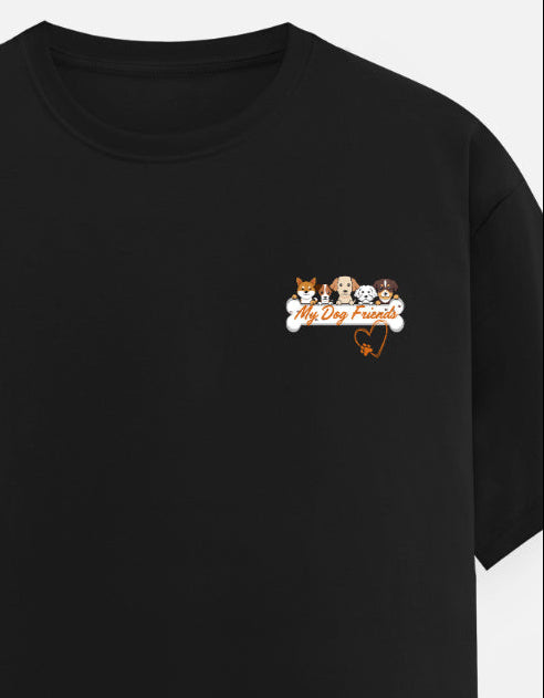 Black t-shirt with a small logo on the chest against a white background