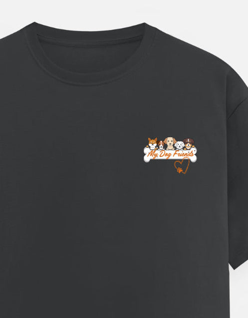 Dark grey t-shirt with a small dogs graphics on the chest against a white background