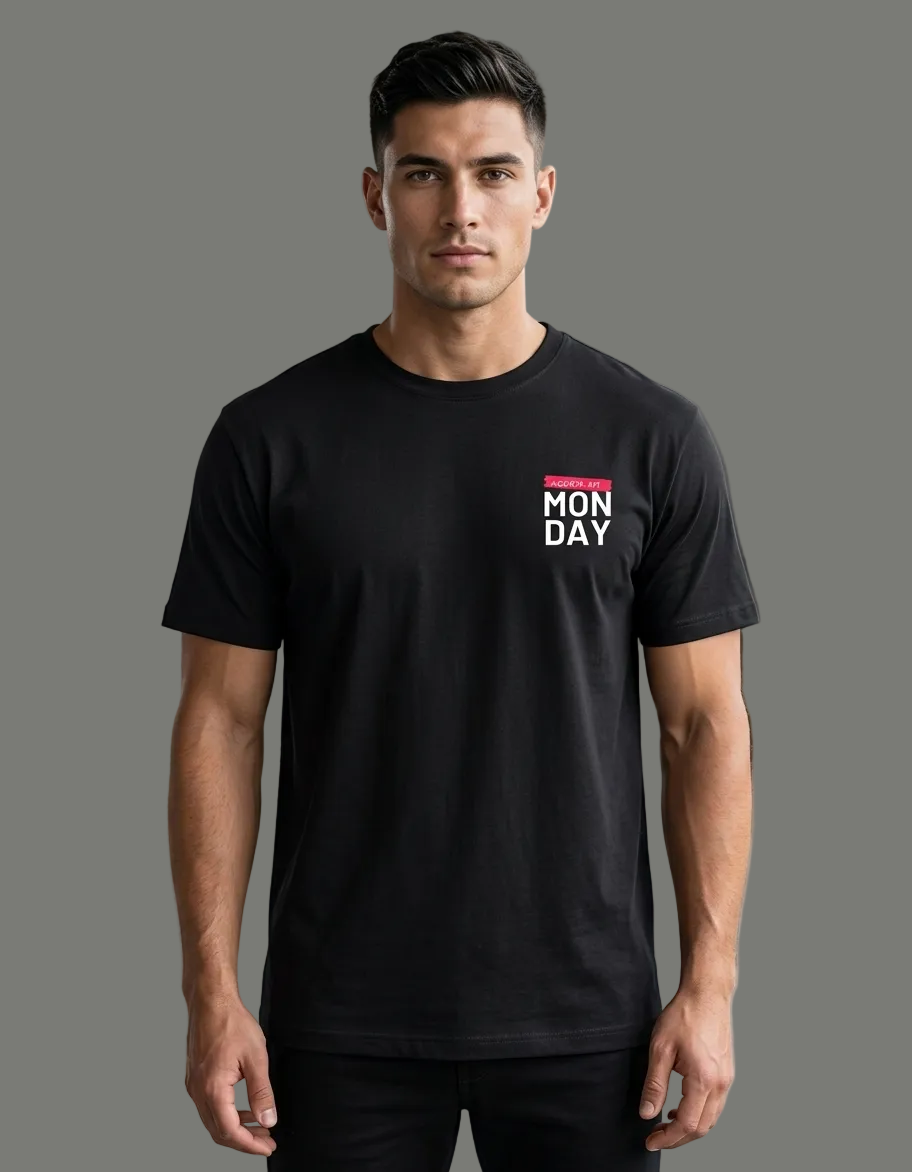 Man wearing a black t-shirt with 'MON DAY' text in a grey background