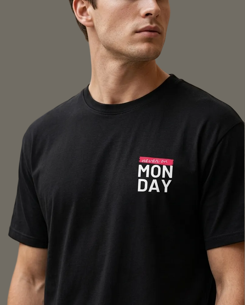 Man wearing a black t-shirt with 'Work the Monday' text in an indoor setting