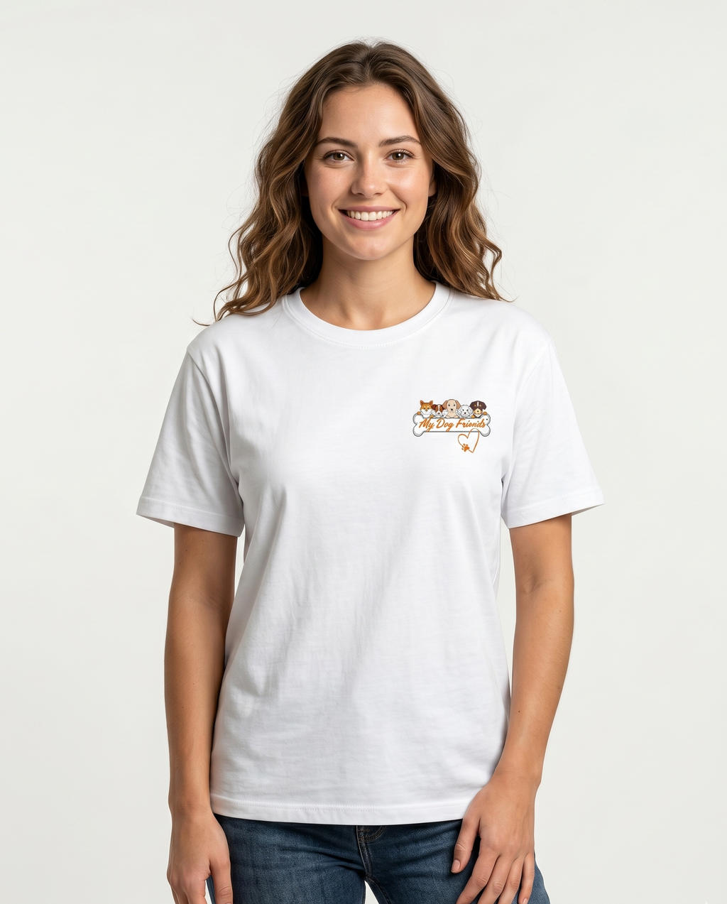 Woman wearing a white t-shirt with a logo on a plain background