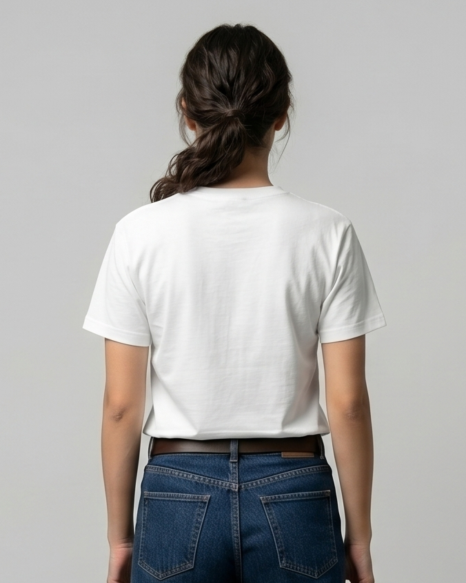 Person wearing a white t-shirt and blue jeans standing against a plain gray background