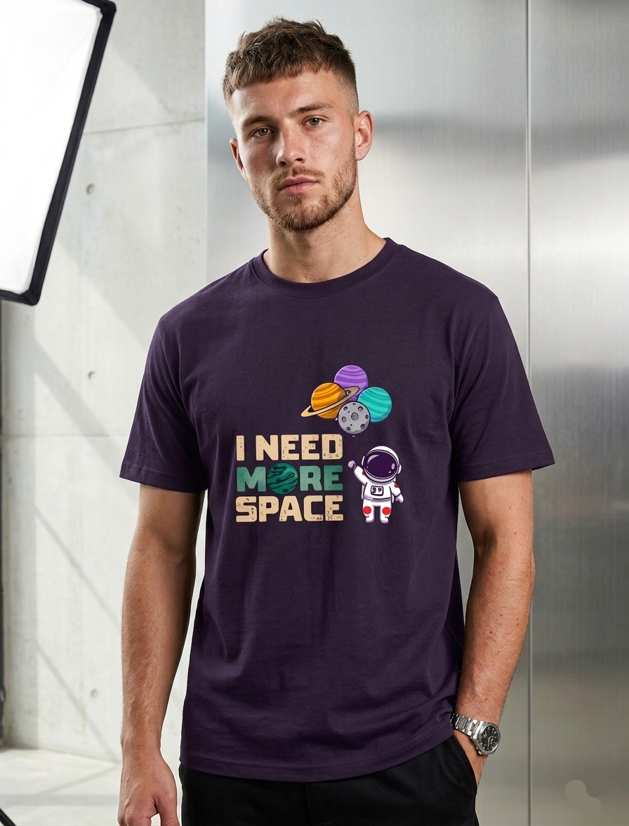 Man wearing a purple t-shirt with space-themed design and text.