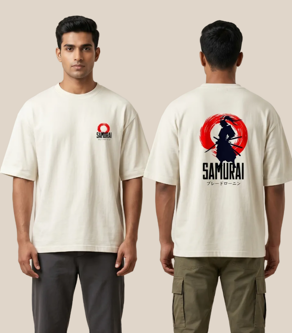 Man wearing a white t-shirt with a 'Samurai' design on a plain background